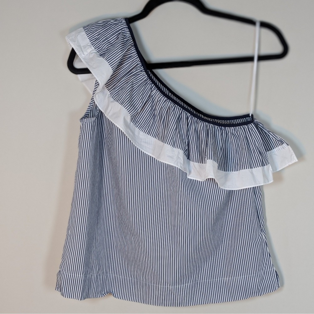 J.Crew Womens One Shoulder Ruffle Striped Cotton Top Blue White Size 4 Nautical
